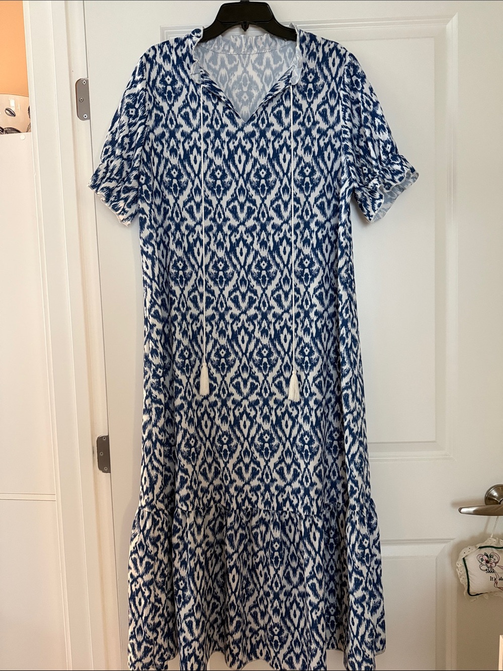 Blue Ikat Maxi Dress with Tassel Tie